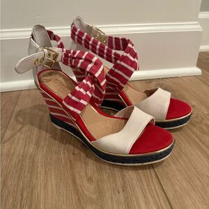 Sperry Red and White Nautical Wedge Sandals